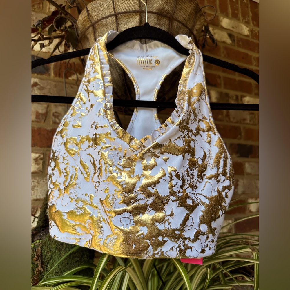 Lilly Pulitzer NWT Lindsey sports bra size XS Gold Shoreline Foil